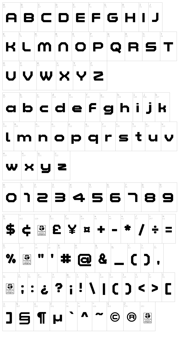 Zelta-Six font map